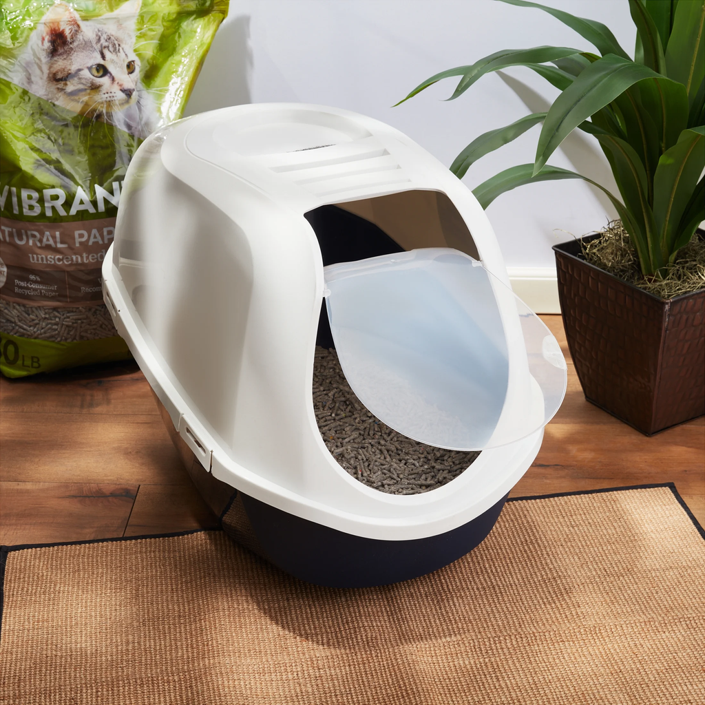 Mega Smart Cat Cove Enclosed Litter Box, Navy and White, Single Unit