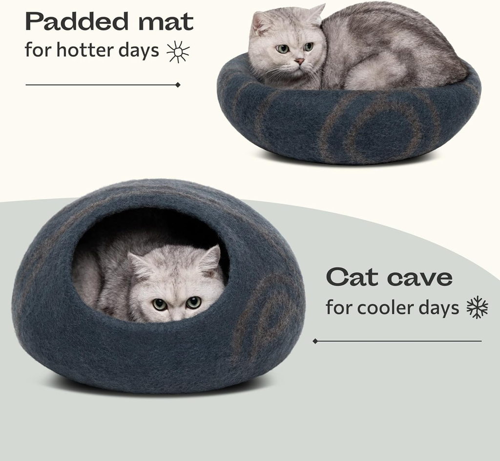 Merino Wool Cat Cave Bed for Indoor Cats - Large Slate Grey
