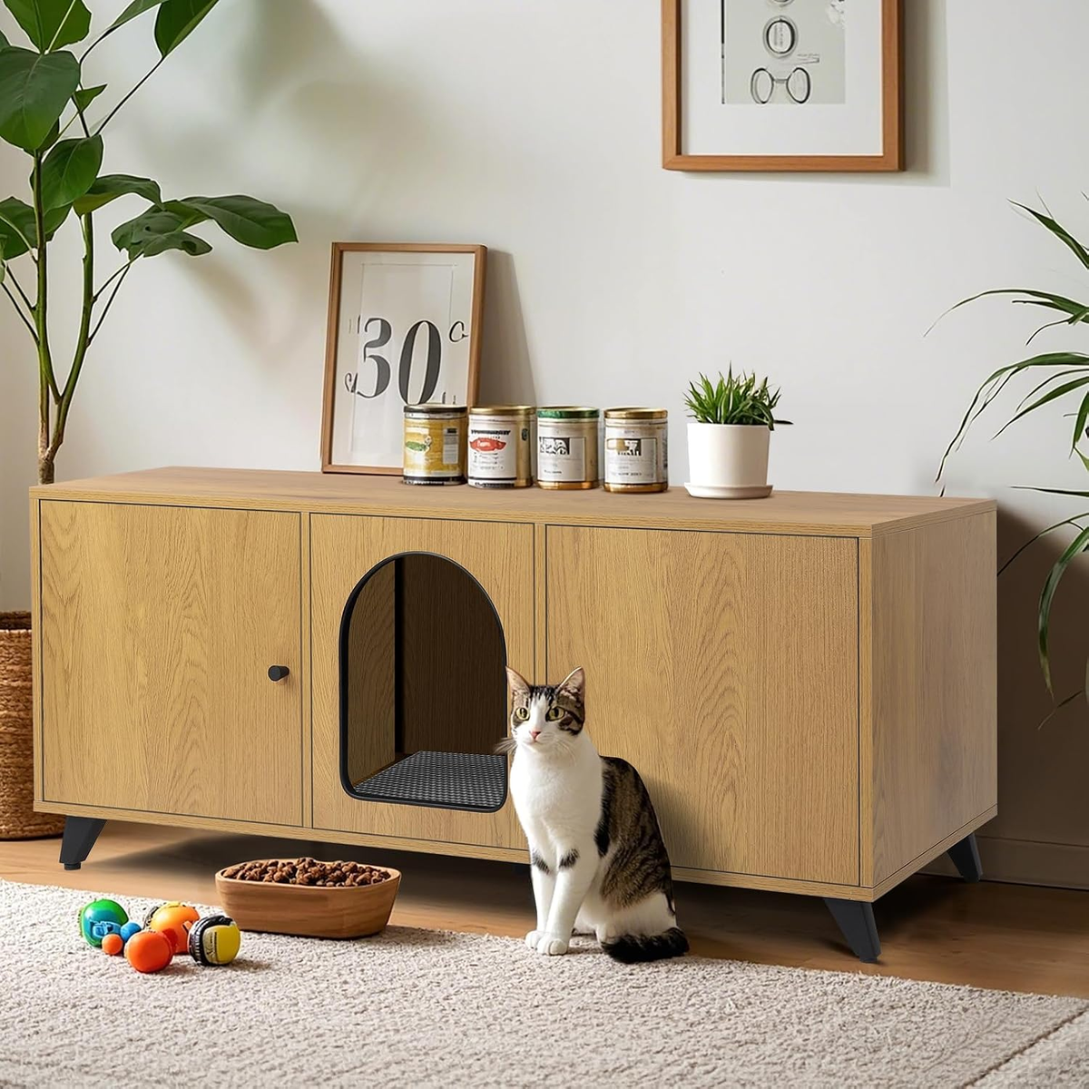 Modern Cat Litter Box Enclosure for Two Cats, Dual-Room Hidden Furniture with Scratch Pad, Large Washroom Cabinet - 46.5" x 19.7" x 19.7" (Natural Oak)