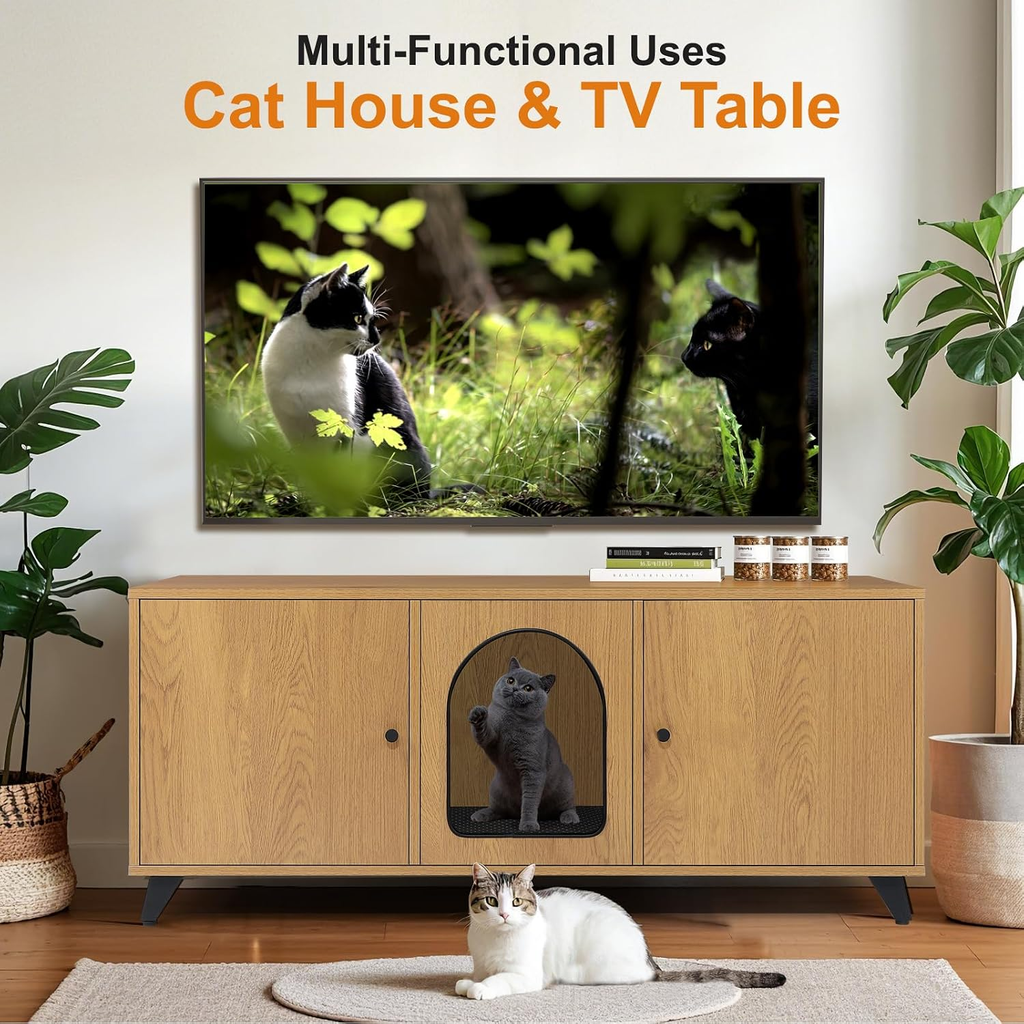 Modern Cat Litter Box Enclosure for Two Cats, Dual-Room Hidden Furniture with Scratch Pad, Large Washroom Cabinet - 46.5" x 19.7" x 19.7" (Natural Oak)