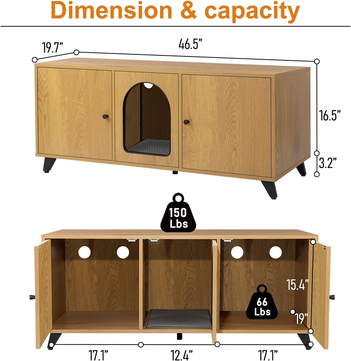 Modern Cat Litter Box Enclosure for Two Cats, Dual-Room Hidden Furniture with Scratch Pad, Large Washroom Cabinet - 46.5" x 19.7" x 19.7" (Natural Oak)