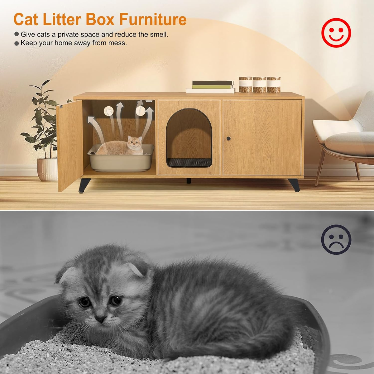 Modern Cat Litter Box Enclosure for Two Cats, Dual-Room Hidden Furniture with Scratch Pad, Large Washroom Cabinet - 46.5" x 19.7" x 19.7" (Natural Oak)