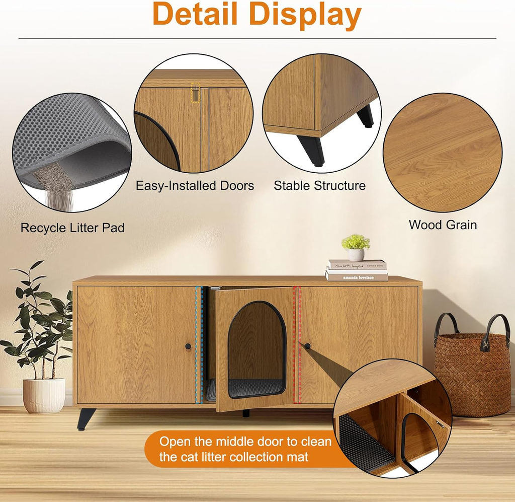 Modern Cat Litter Box Enclosure for Two Cats, Dual-Room Hidden Furniture with Scratch Pad, Large Washroom Cabinet - 46.5" x 19.7" x 19.7" (Natural Oak)