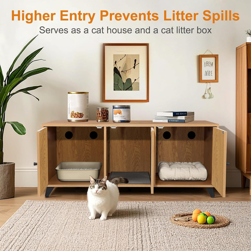 Modern Cat Litter Box Enclosure for Two Cats, Dual-Room Hidden Furniture with Scratch Pad, Large Washroom Cabinet - 46.5" x 19.7" x 19.7" (Natural Oak)