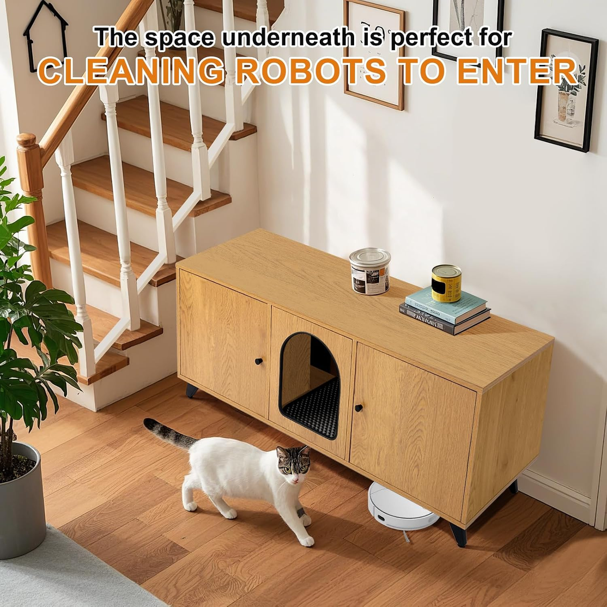 Modern Cat Litter Box Enclosure for Two Cats, Dual-Room Hidden Furniture with Scratch Pad, Large Washroom Cabinet - 46.5" x 19.7" x 19.7" (Natural Oak)
