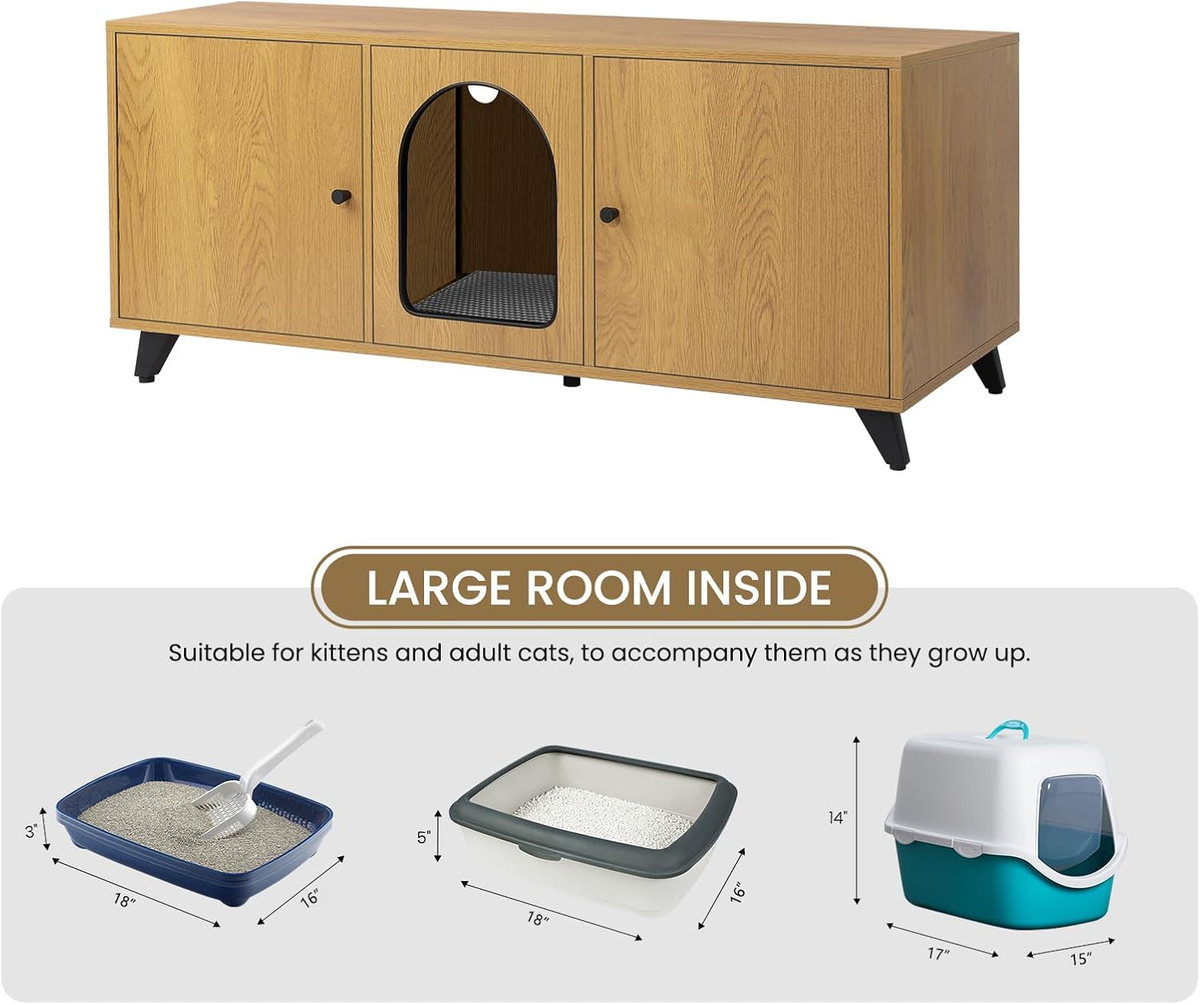 Modern Cat Litter Box Enclosure for Two Cats, Dual-Room Hidden Furniture with Scratch Pad, Large Washroom Cabinet - 46.5" x 19.7" x 19.7" (Natural Oak)