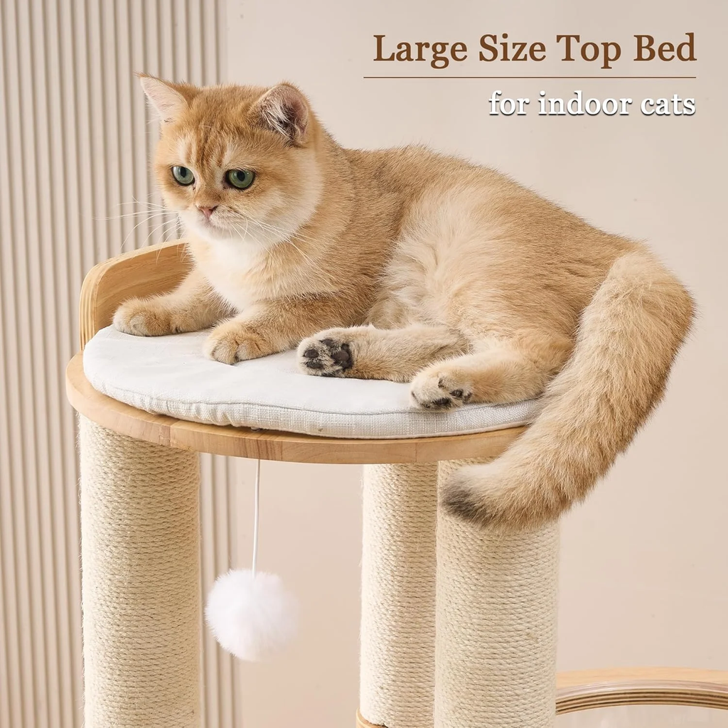 Multifunctional 54-Inch Solid Wood Cat Tree Tower with Scratching Post, Bed, and Interactive Features for Large Indoor Cats