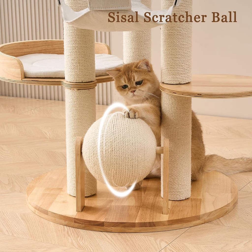 Multifunctional 54-Inch Solid Wood Cat Tree Tower with Scratching Post, Bed, and Interactive Features for Large Indoor Cats