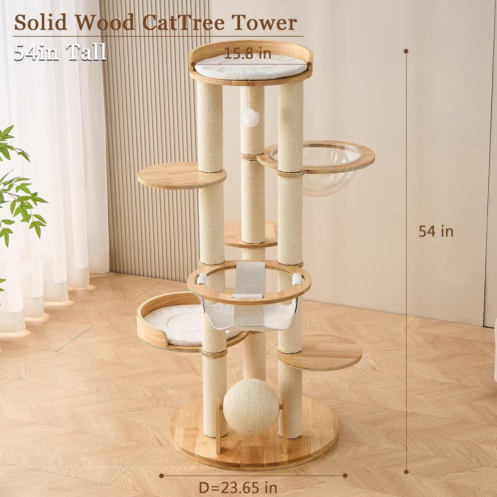 Multifunctional 54-Inch Solid Wood Cat Tree Tower with Scratching Post, Bed, and Interactive Features for Large Indoor Cats