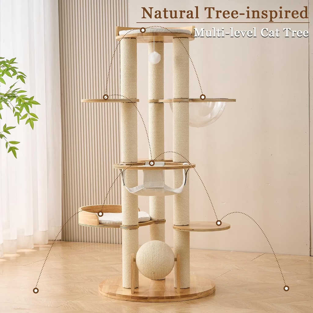 Multifunctional 54-Inch Solid Wood Cat Tree Tower with Scratching Post, Bed, and Interactive Features for Large Indoor Cats