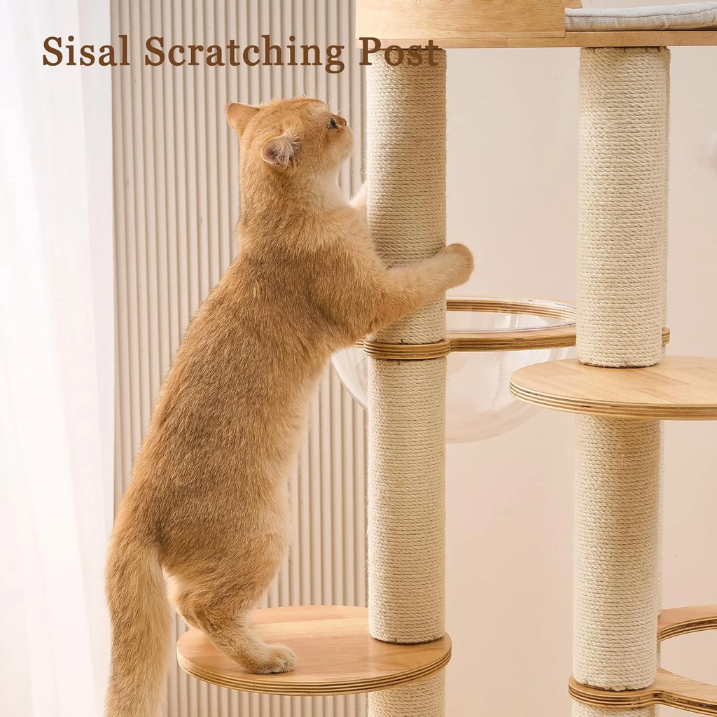 Multifunctional 54-Inch Solid Wood Cat Tree Tower with Scratching Post, Bed, and Interactive Features for Large Indoor Cats