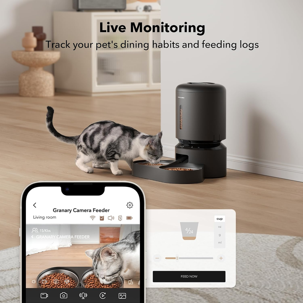 PETLIBRO Smart Automatic Pet Feeder with HD Camera for Cats and Dogs, 5G WiFi Connectivity, 2-Way Audio, Night Vision, Motion and Sound Alerts, Dual Tray, 5L Capacity, Black