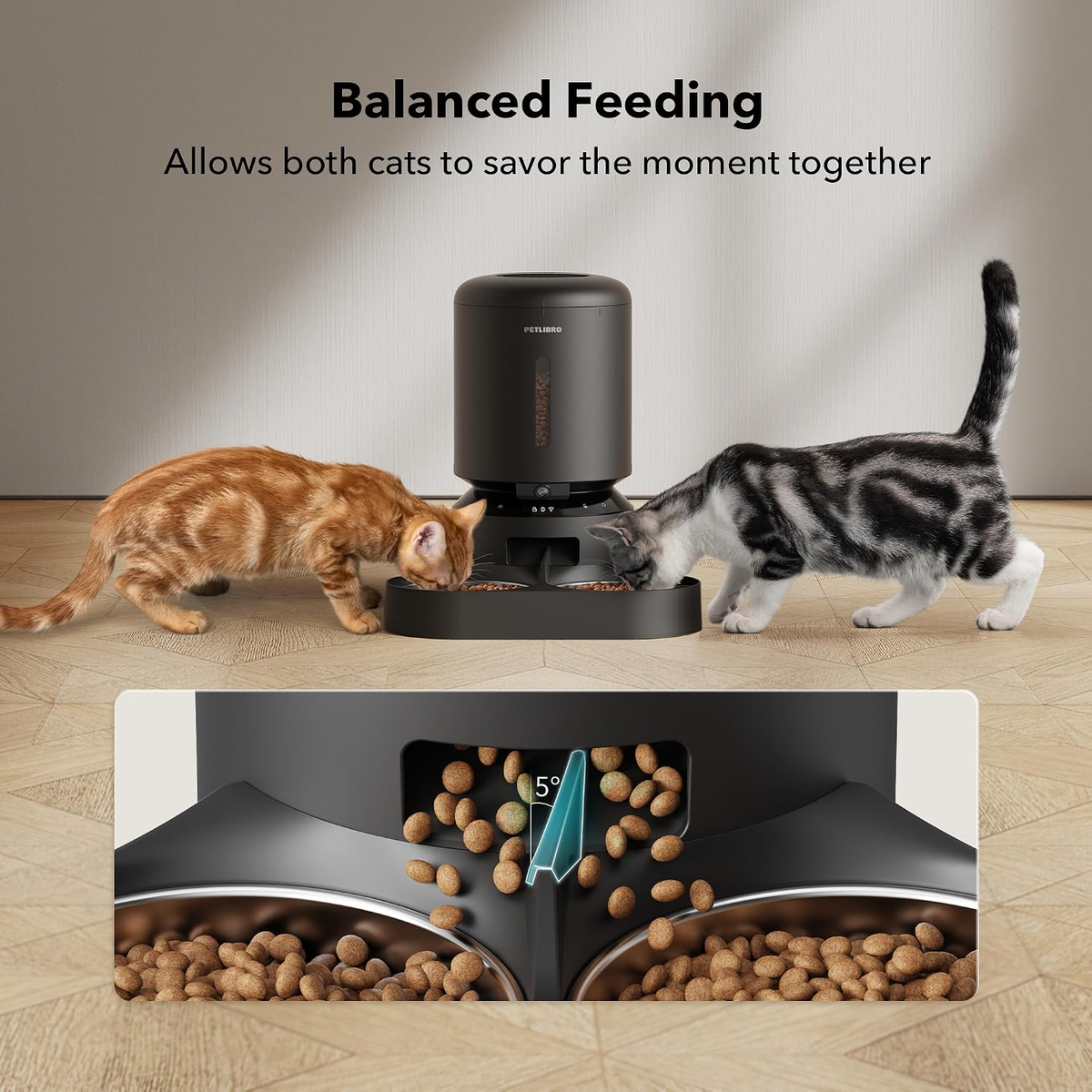 PETLIBRO Smart Automatic Pet Feeder with HD Camera for Cats and Dogs, 5G WiFi Connectivity, 2-Way Audio, Night Vision, Motion and Sound Alerts, Dual Tray, 5L Capacity, Black