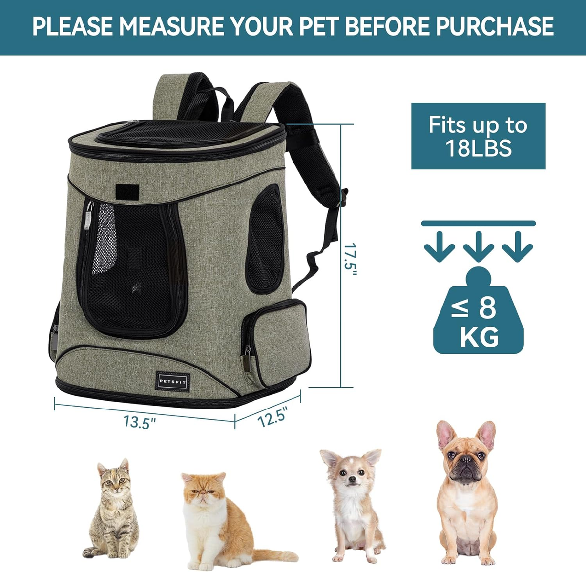 Pet Backpack Carrier with Padded Waist Support for Pets Up to 18 lbs