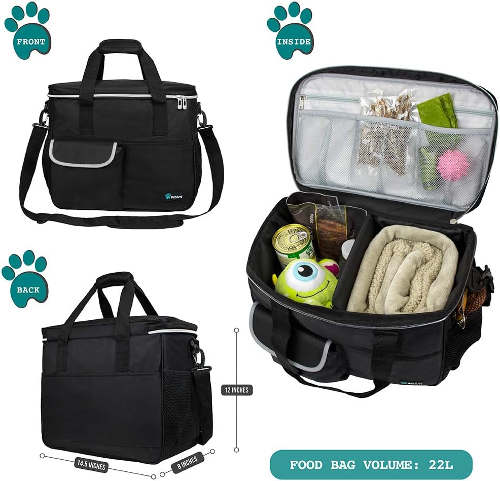 Pet Travel Organizer Bag, Medium Black Tote for Dog Supplies and Accessories