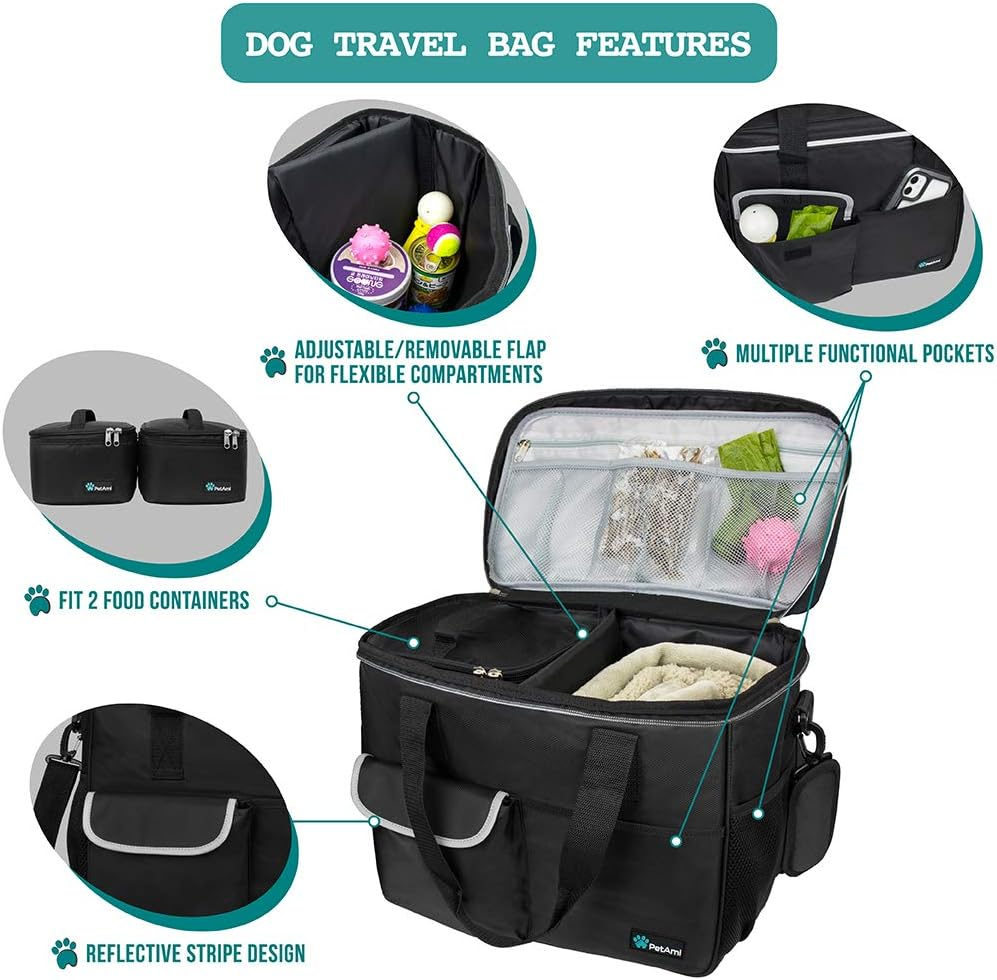 Pet Travel Organizer Bag, Medium Black Tote for Dog Supplies and Accessories