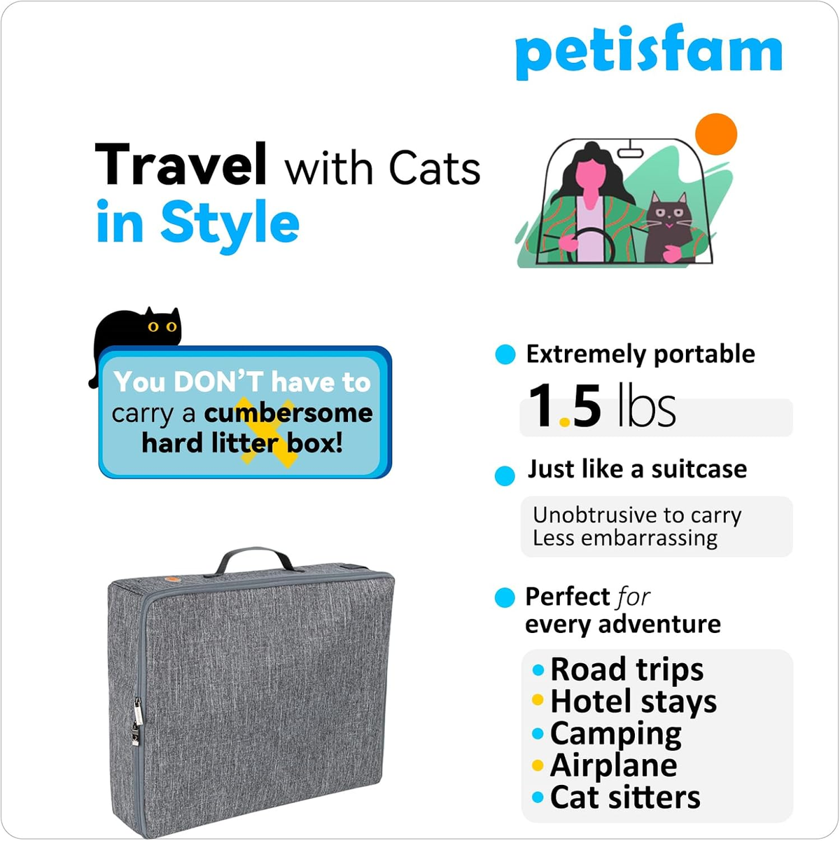 Portable Cat Travel Litter Box with Zippered Closure