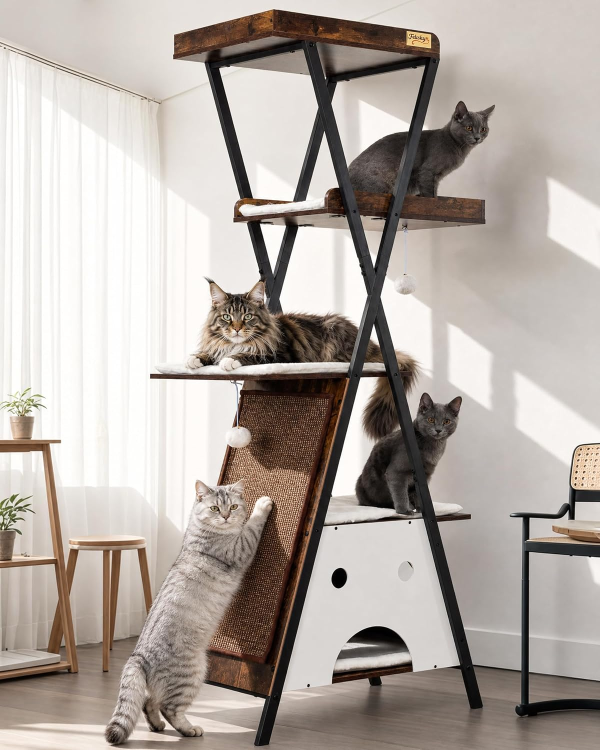 Premium 67-Inch Modern Wooden Cat Tree Tower for Large Indoor Cats