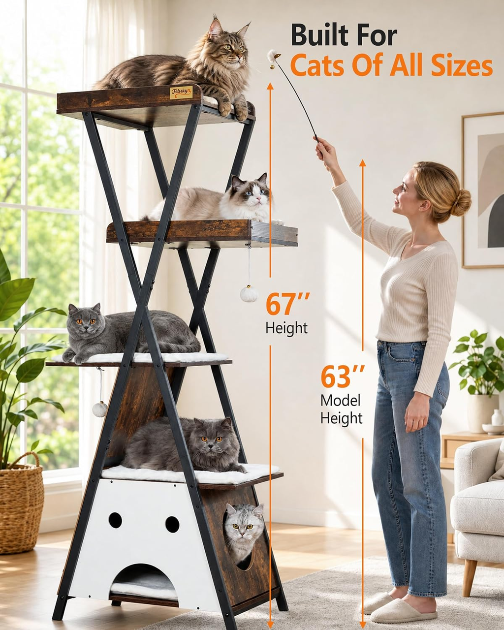 Premium 67-Inch Modern Wooden Cat Tree Tower for Large Indoor Cats