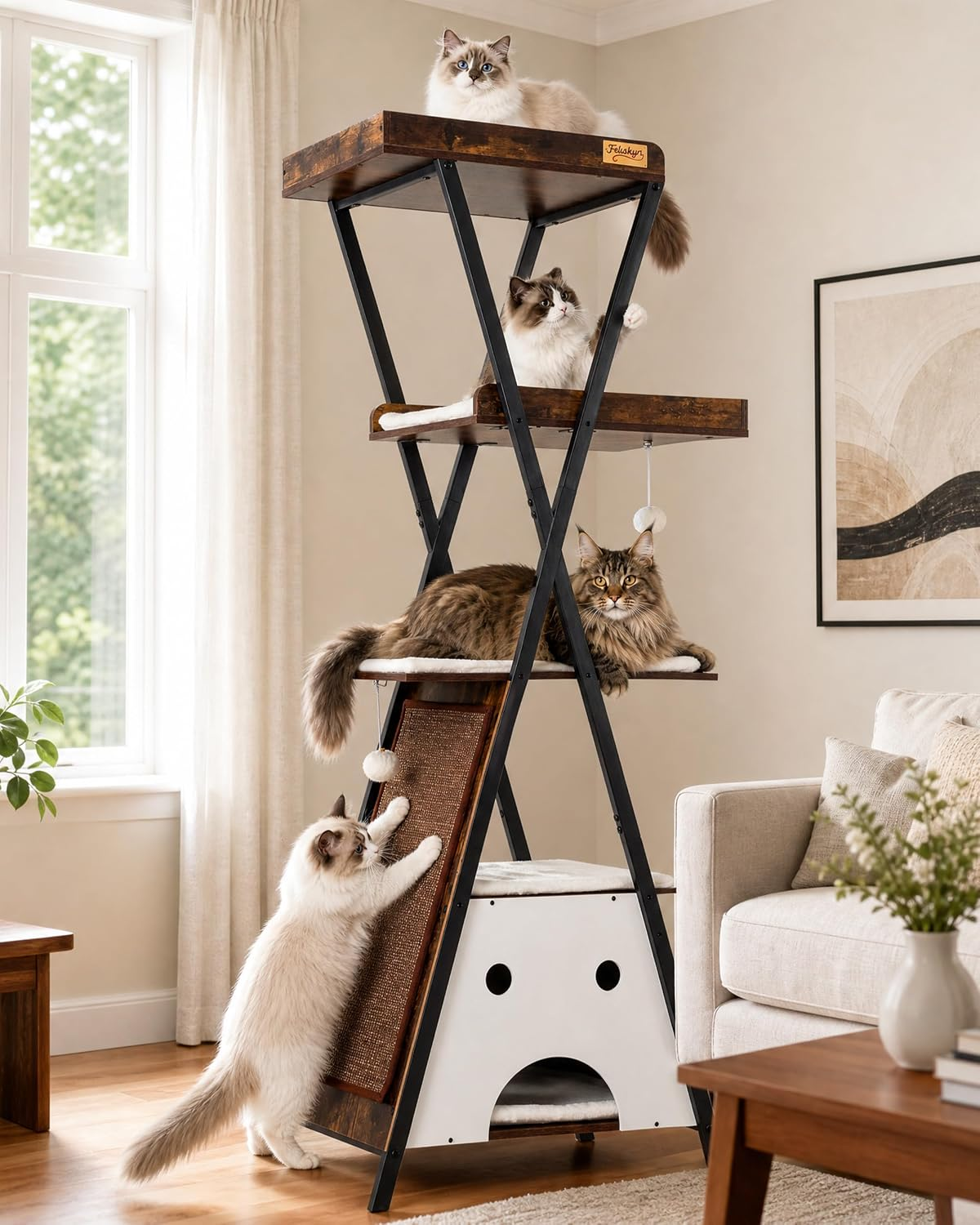 Premium 67-Inch Modern Wooden Cat Tree Tower for Large Indoor Cats