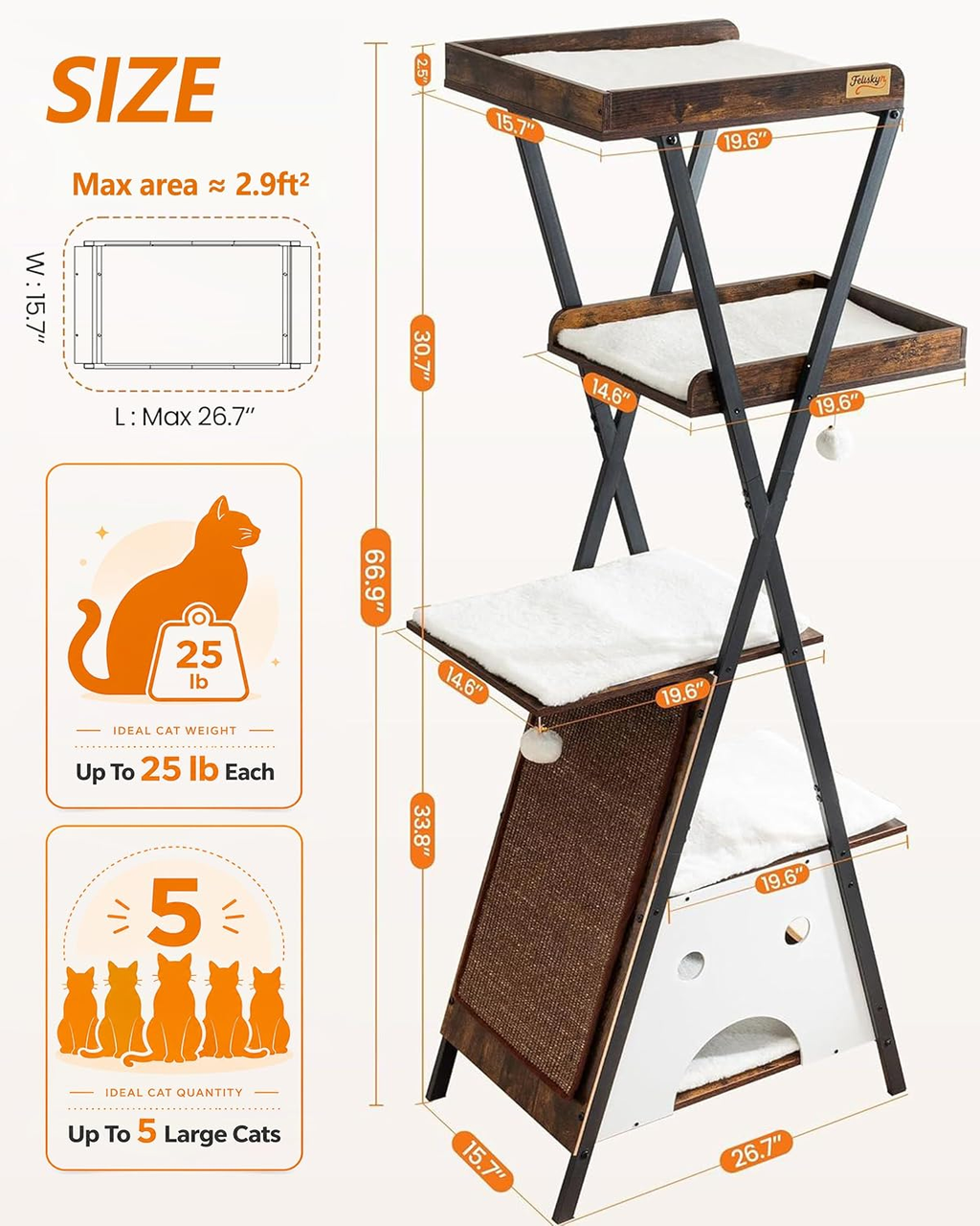Premium 67-Inch Modern Wooden Cat Tree Tower for Large Indoor Cats