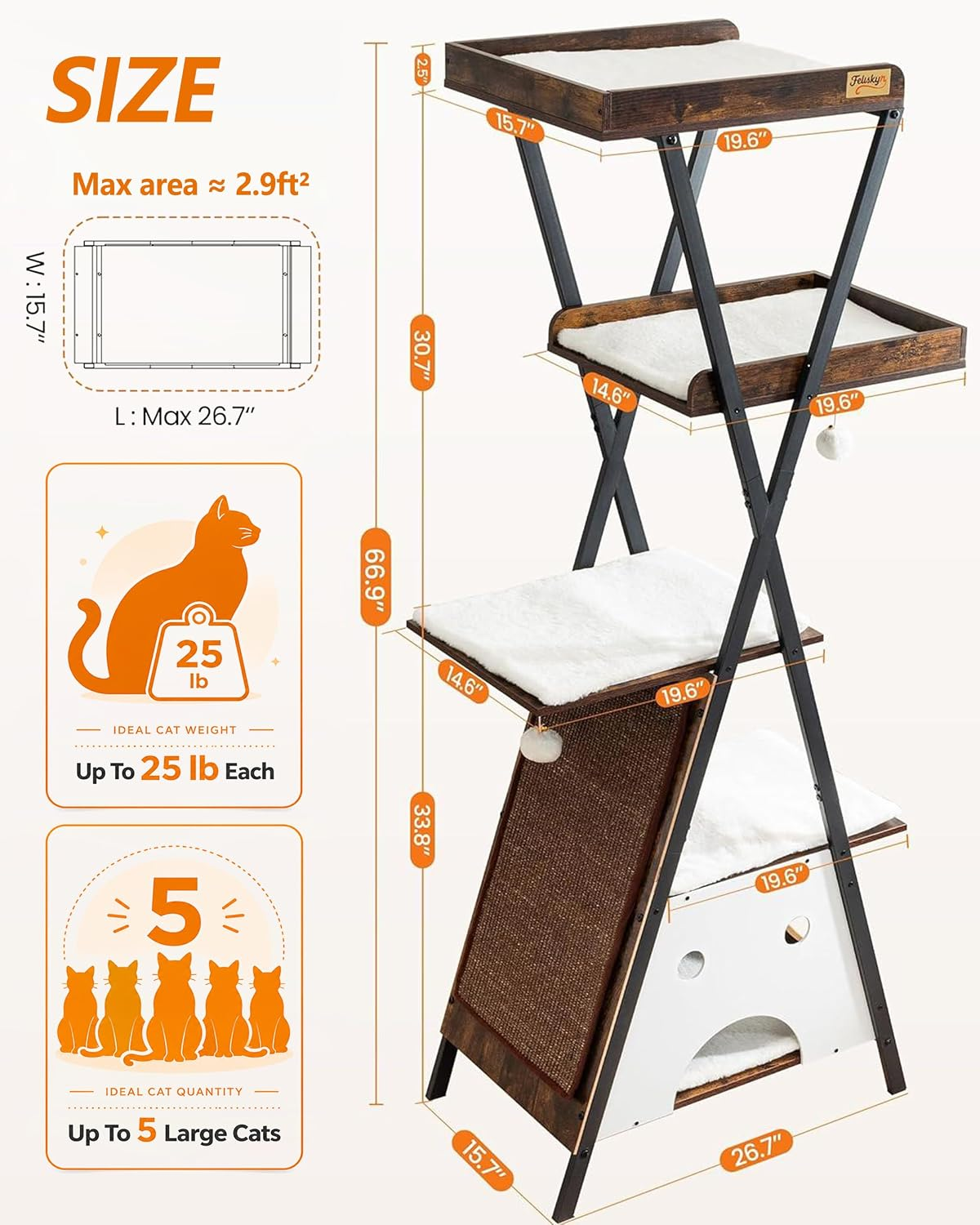 Premium 67-Inch Modern Wooden Cat Tree Tower for Large Indoor Cats