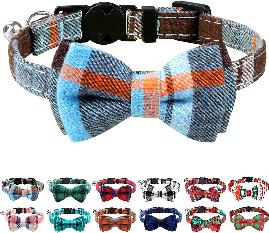 Premium Breakaway Cat Collar with Bells and Bow Tie - Haze Blue Plaid Design, Suitable for Kittens and Cats