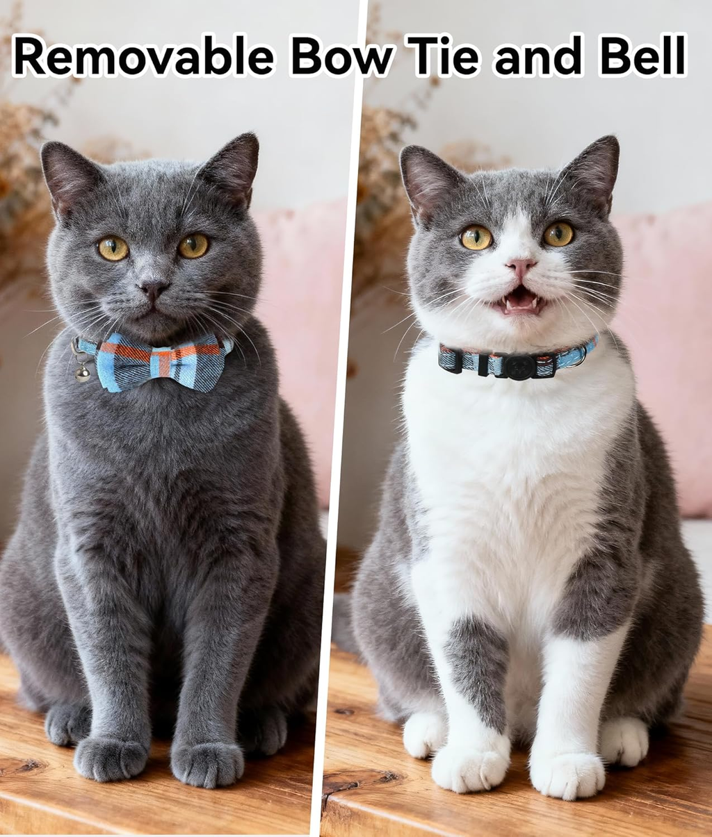 Premium Breakaway Cat Collar with Bells and Bow Tie - Haze Blue Plaid Design, Suitable for Kittens and Cats