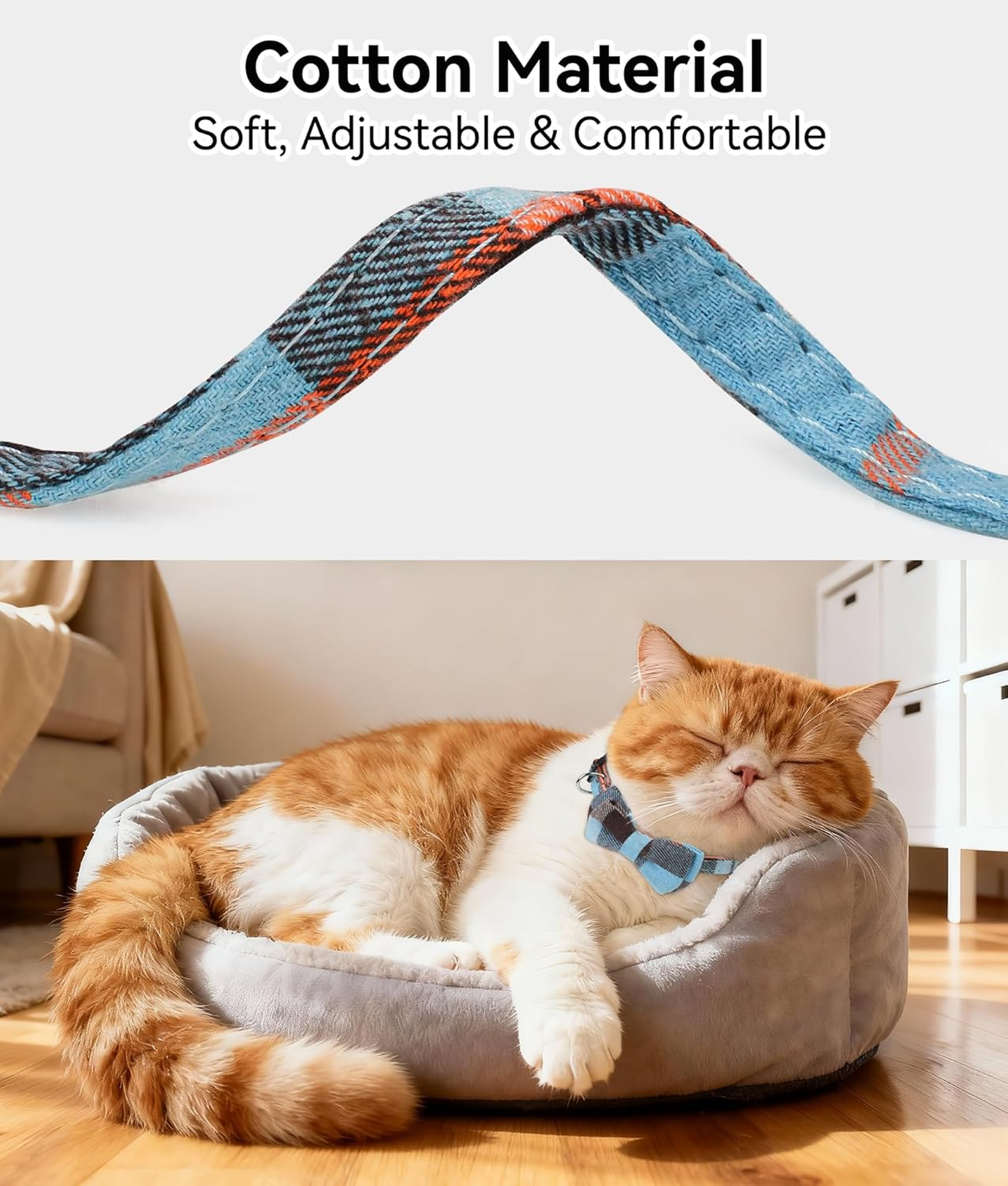 Premium Breakaway Cat Collar with Bells and Bow Tie - Haze Blue Plaid Design, Suitable for Kittens and Cats