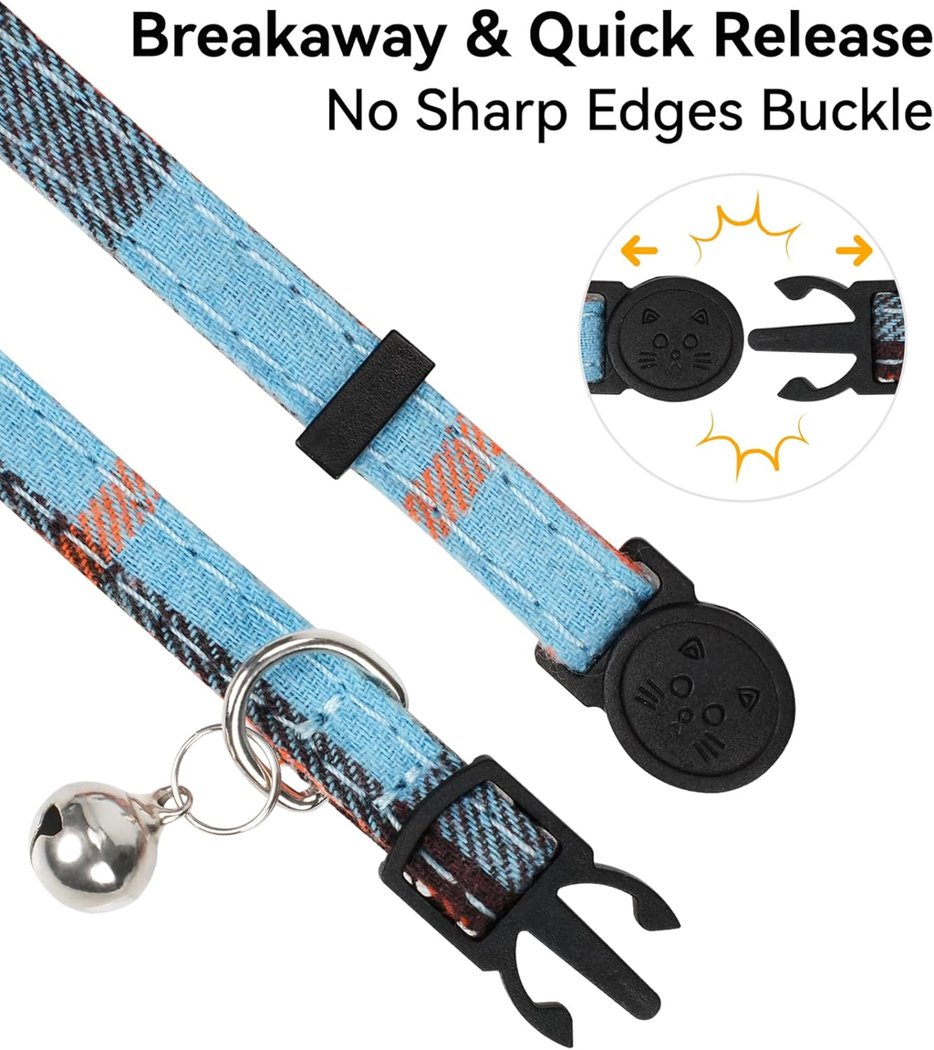 Premium Breakaway Cat Collar with Bells and Bow Tie - Haze Blue Plaid Design, Suitable for Kittens and Cats