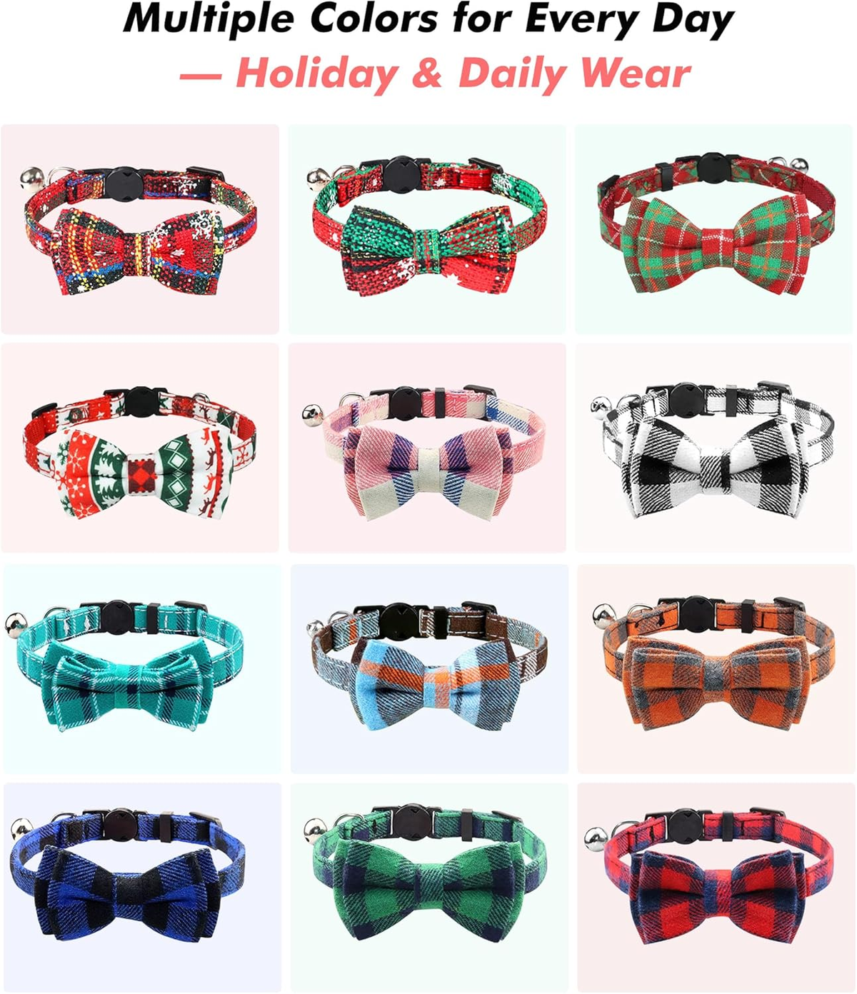 Premium Breakaway Cat Collar with Bells and Bow Tie - Haze Blue Plaid Design, Suitable for Kittens and Cats