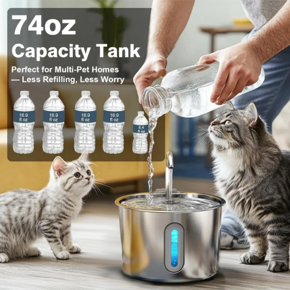 Stainless Steel Automatic Pet Water Fountain - 2.2L Ultra Quiet USB-Powered Drinking Solution for Cats and Dogs - Durable Indoor Use