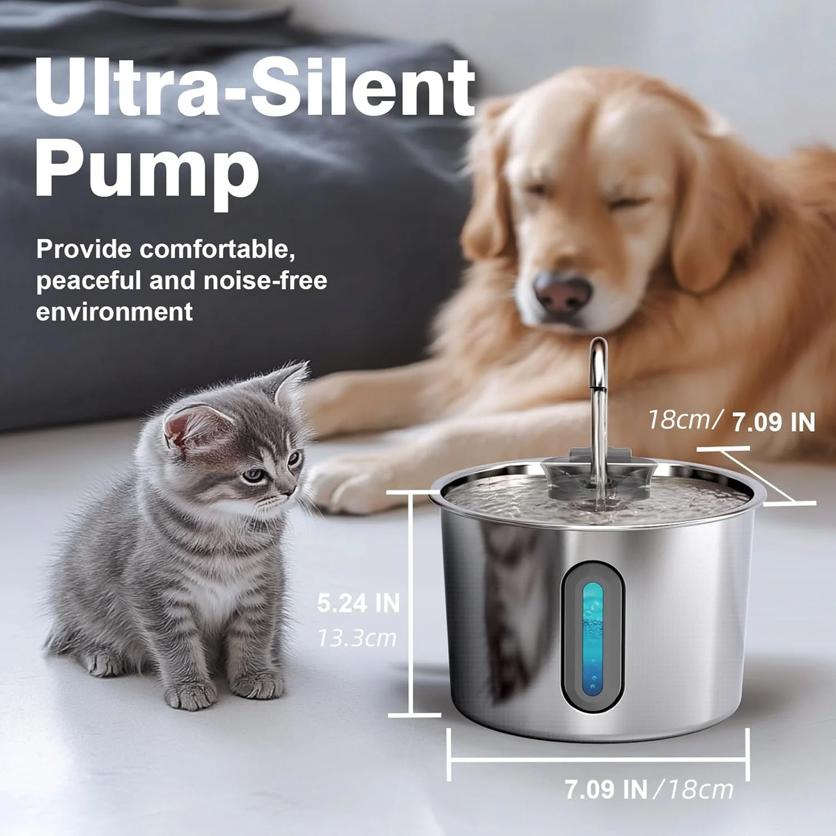 Stainless Steel Automatic Pet Water Fountain - 2.2L Ultra Quiet USB-Powered Drinking Solution for Cats and Dogs - Durable Indoor Use