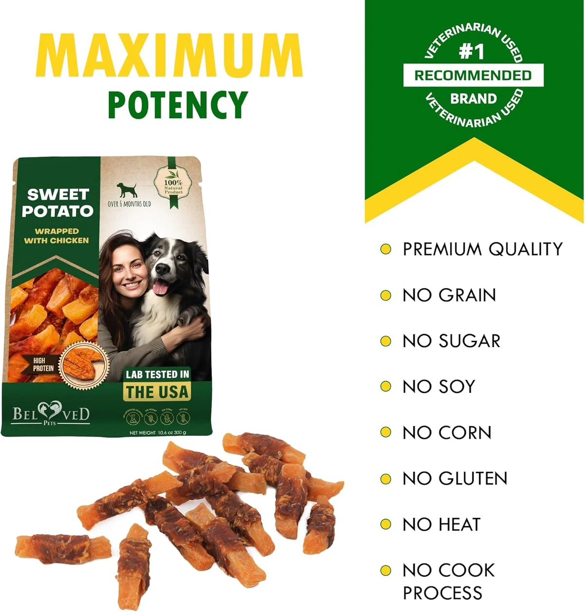 Sweet Potato and Chicken Wrapped Dog Treats - 10.6 Oz Grain-Free Natural Chews for Training Small and Large Dogs