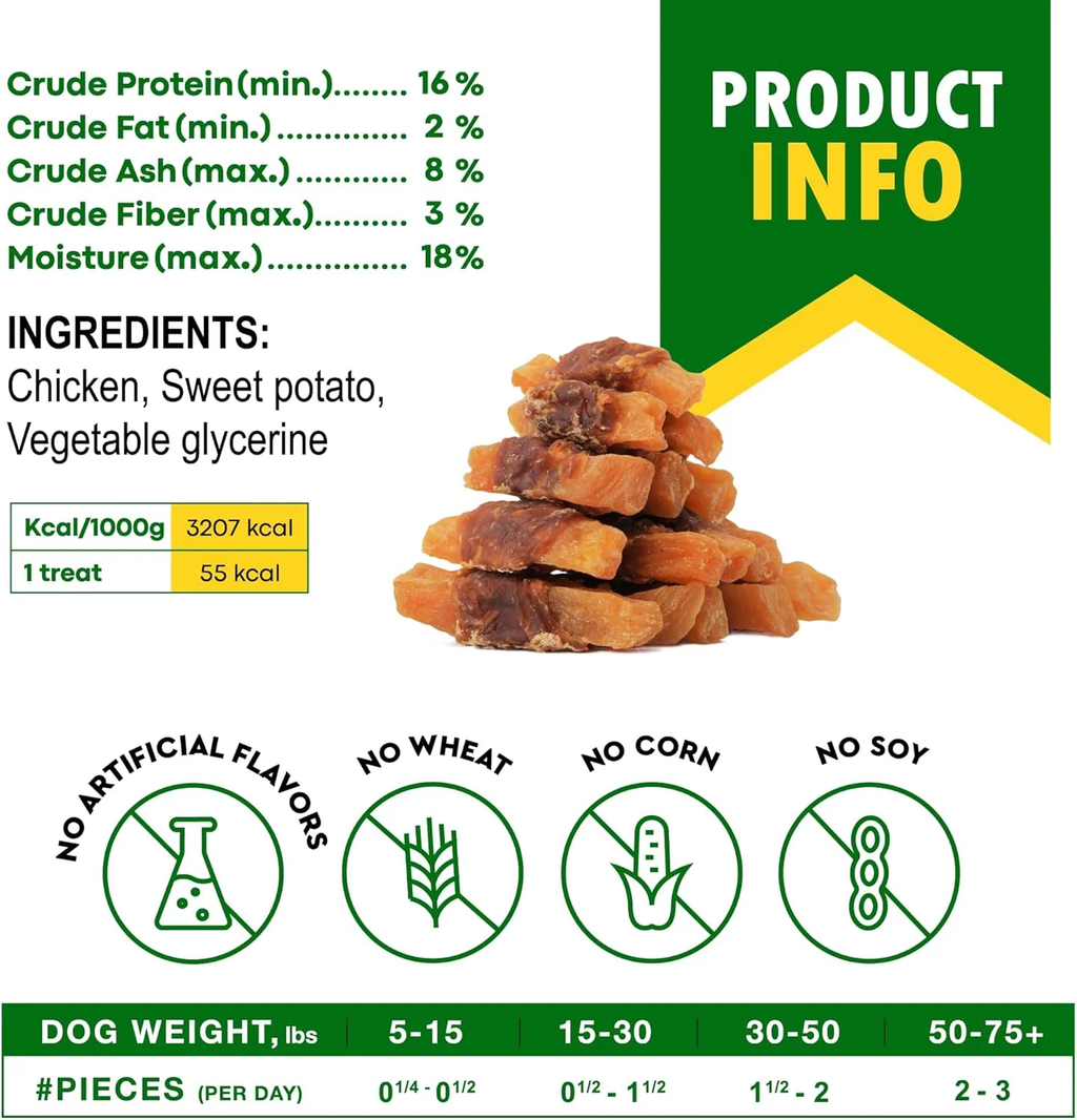 Sweet Potato and Chicken Wrapped Dog Treats - 10.6 Oz Grain-Free Natural Chews for Training Small and Large Dogs
