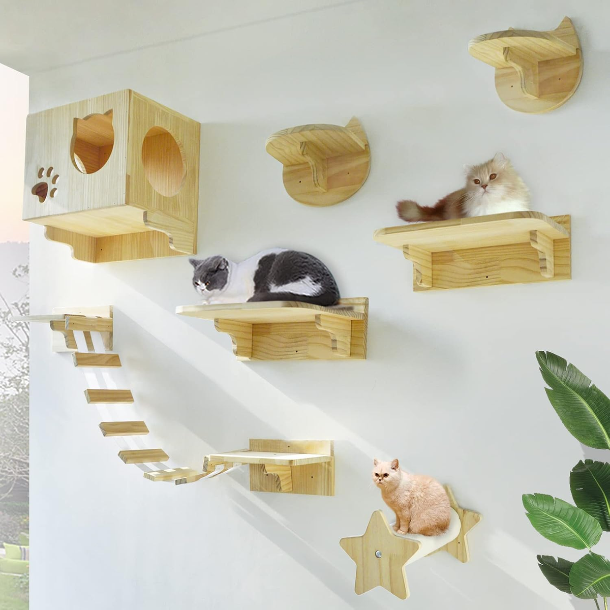 Wall-Mounted Cat Climbing Tree with 9 Steps & Ladder - Modern Shelves and Perches for Active Cats and Lounging