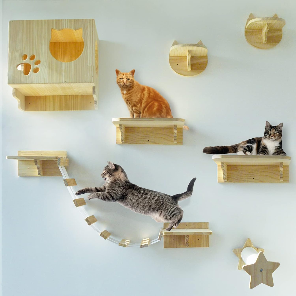 Wall-Mounted Cat Climbing Tree with 9 Steps & Ladder - Modern Shelves and Perches for Active Cats and Lounging