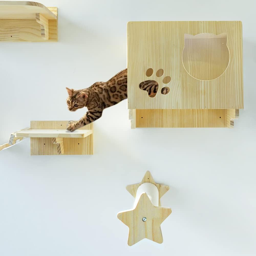 Wall-Mounted Cat Climbing Tree with 9 Steps & Ladder - Modern Shelves and Perches for Active Cats and Lounging