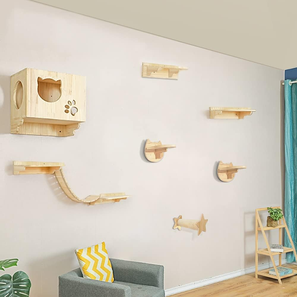 Wall-Mounted Cat Climbing Tree with 9 Steps & Ladder - Modern Shelves and Perches for Active Cats and Lounging