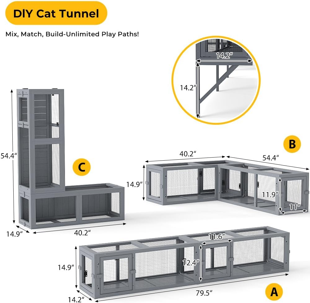 Wall-Mounted Cat Tunnel Set - Solid Pine Cat Play Furniture for Enhanced Feline Activity
