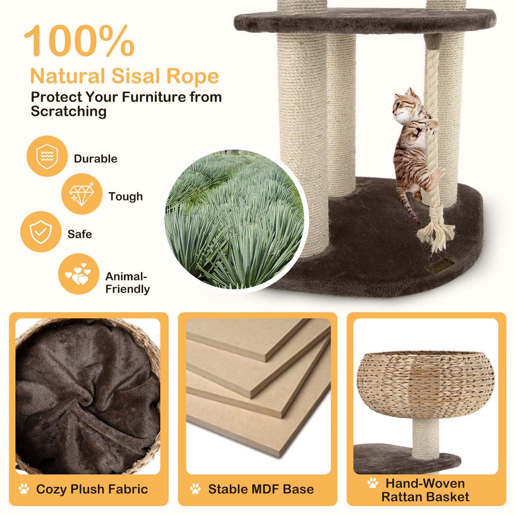 41-Inch Artisan Cat Tree Tower with Natural Bowl Design and Two Perches