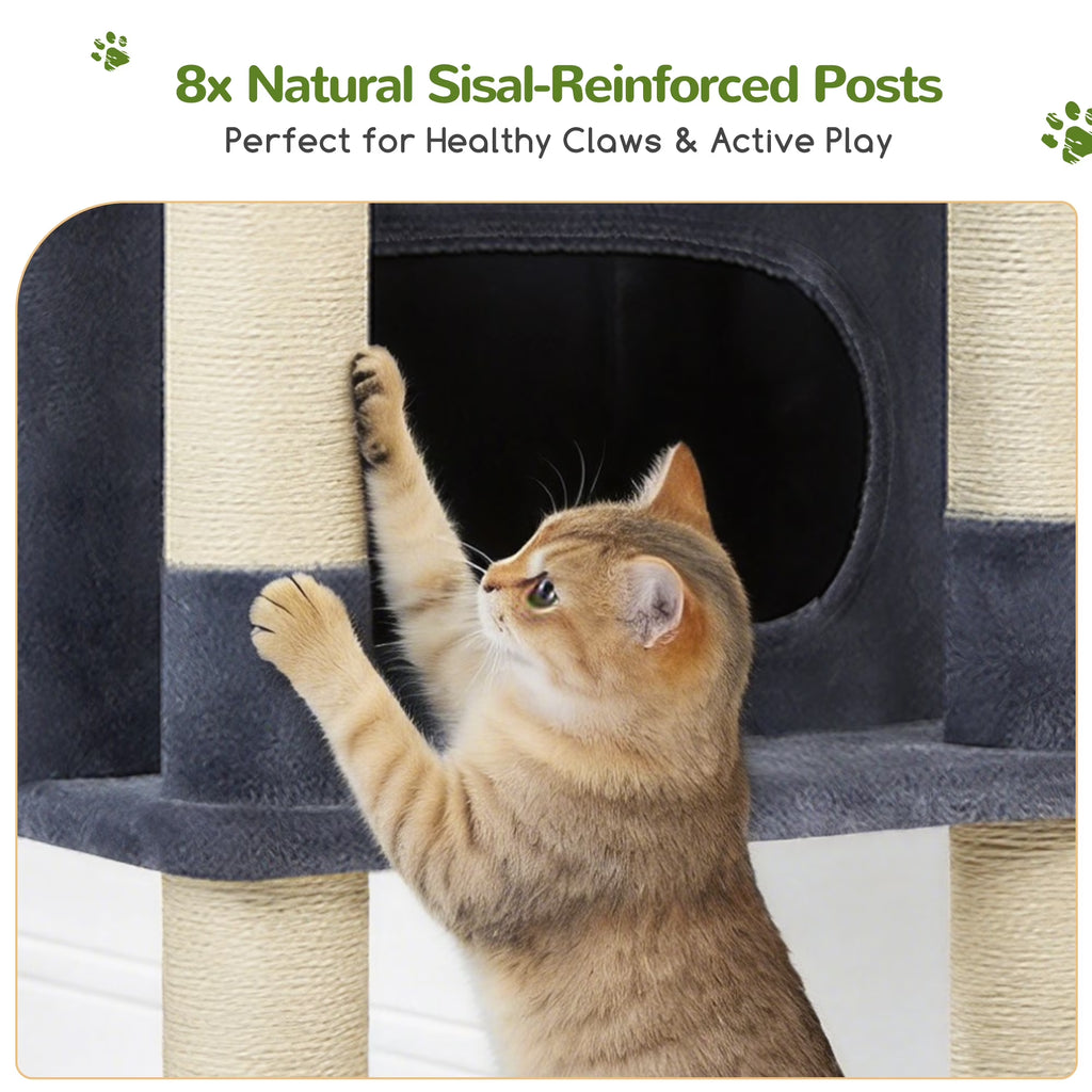 84-Inch Multilevel Corner Cat Tree Tower for Indoor Cats with Dual Condos, Three Hanging Baskets, and Eight Scratching Posts in Dark Gray
