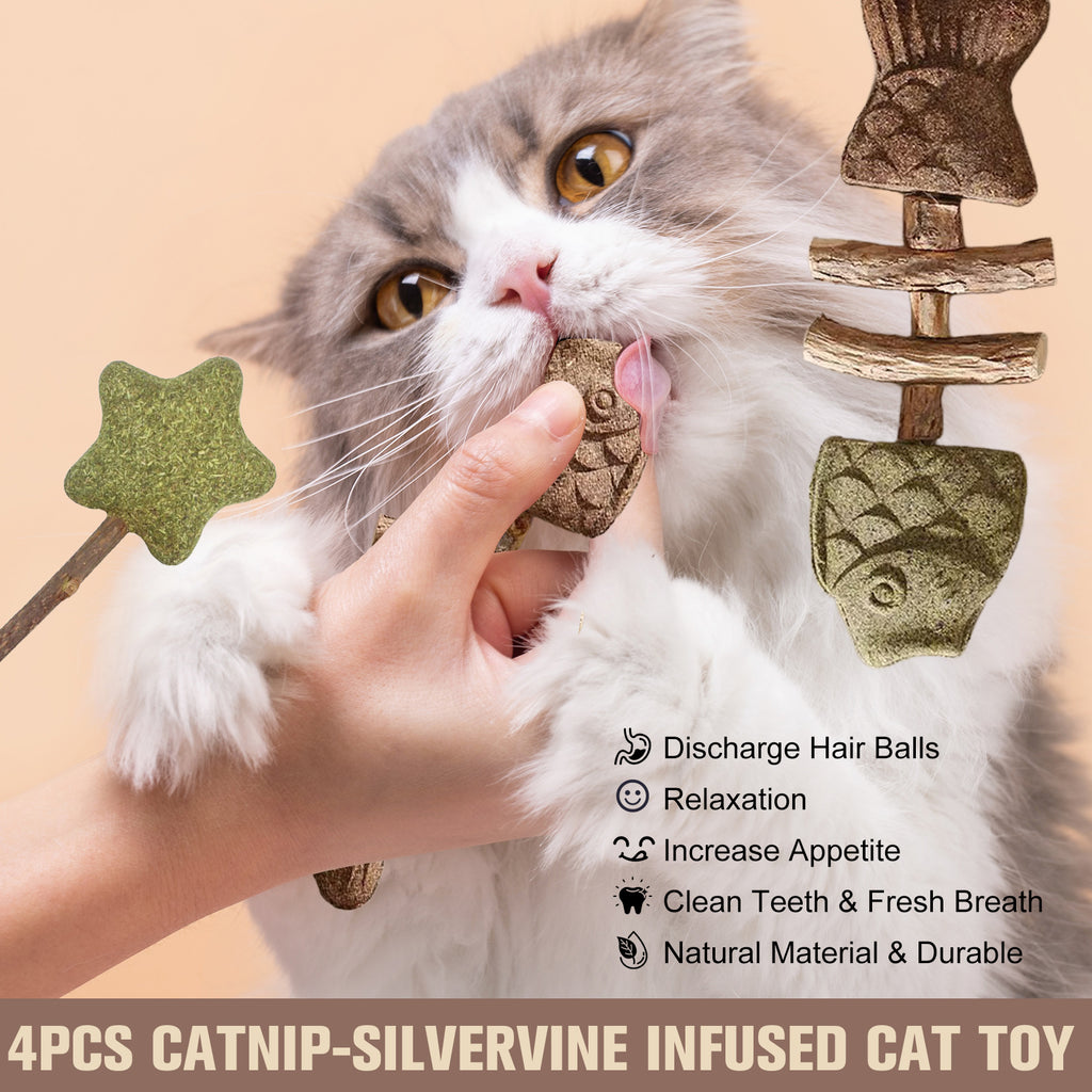 4-Piece Catnip and Natural Gallnut Infused Fish and Star Cat Toy Set - Interactive Chew and Play Experience for Cats