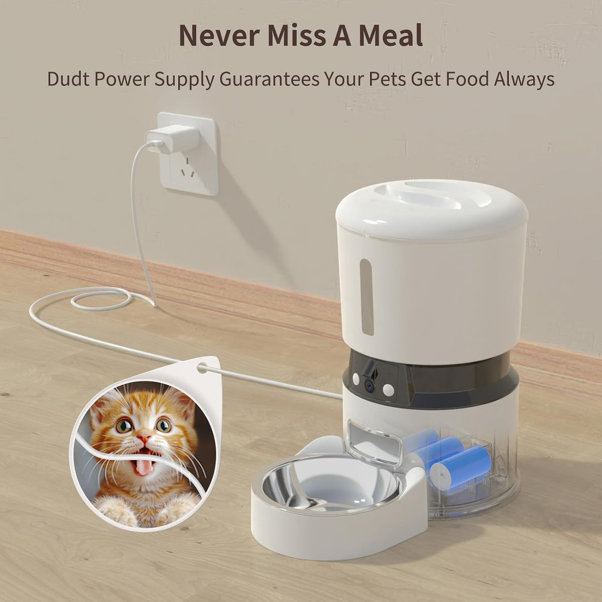 Automatic Cat Feeder with Dual 1080P HD Cameras, Night Vision, Two-Way Audio, Smart Wi-Fi Connectivity, Programmable Schedule, and Slow Feed Bowl - White