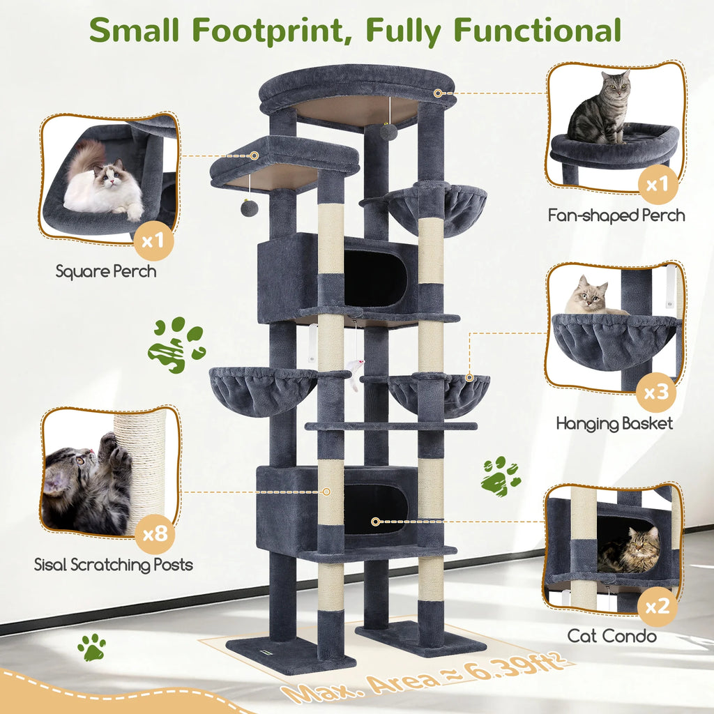 84-Inch Multilevel Corner Cat Tree Tower for Indoor Cats with Dual Condos, Three Hanging Baskets, and Eight Scratching Posts in Dark Gray