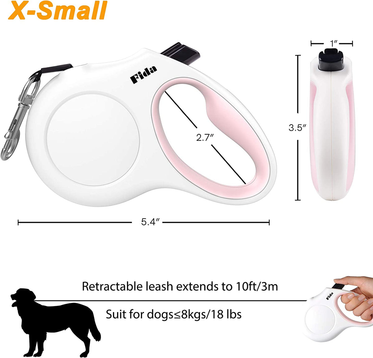 Retractable Dog Leash with Integrated Dispenser and Poop Bags, 10 Feet, White and Pink