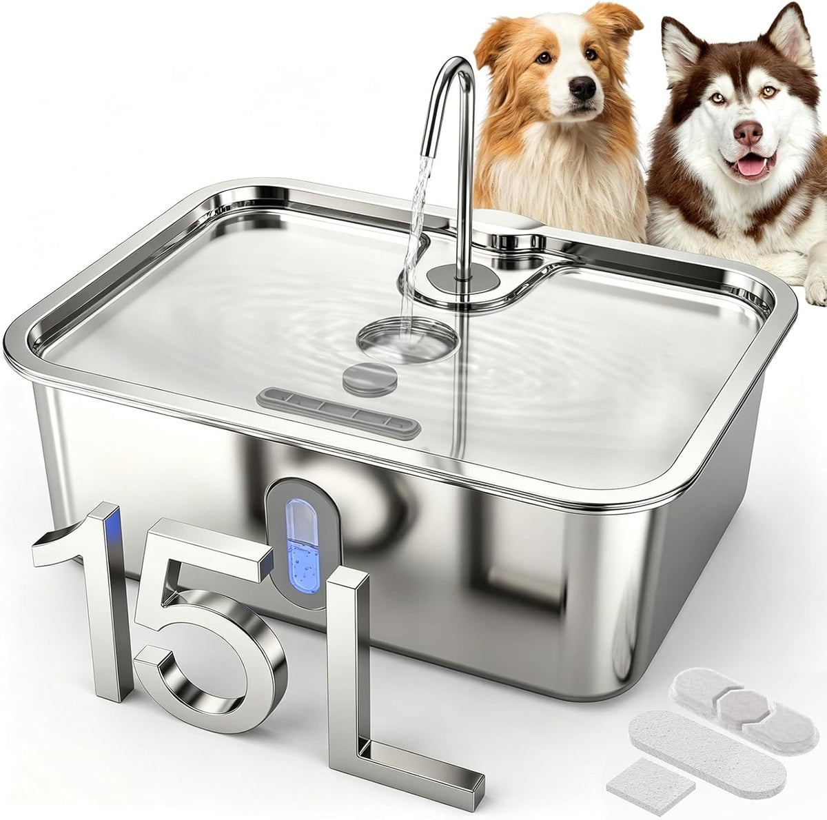 15L/4Gal Stainless Steel Pet Water Fountain with Filter Set