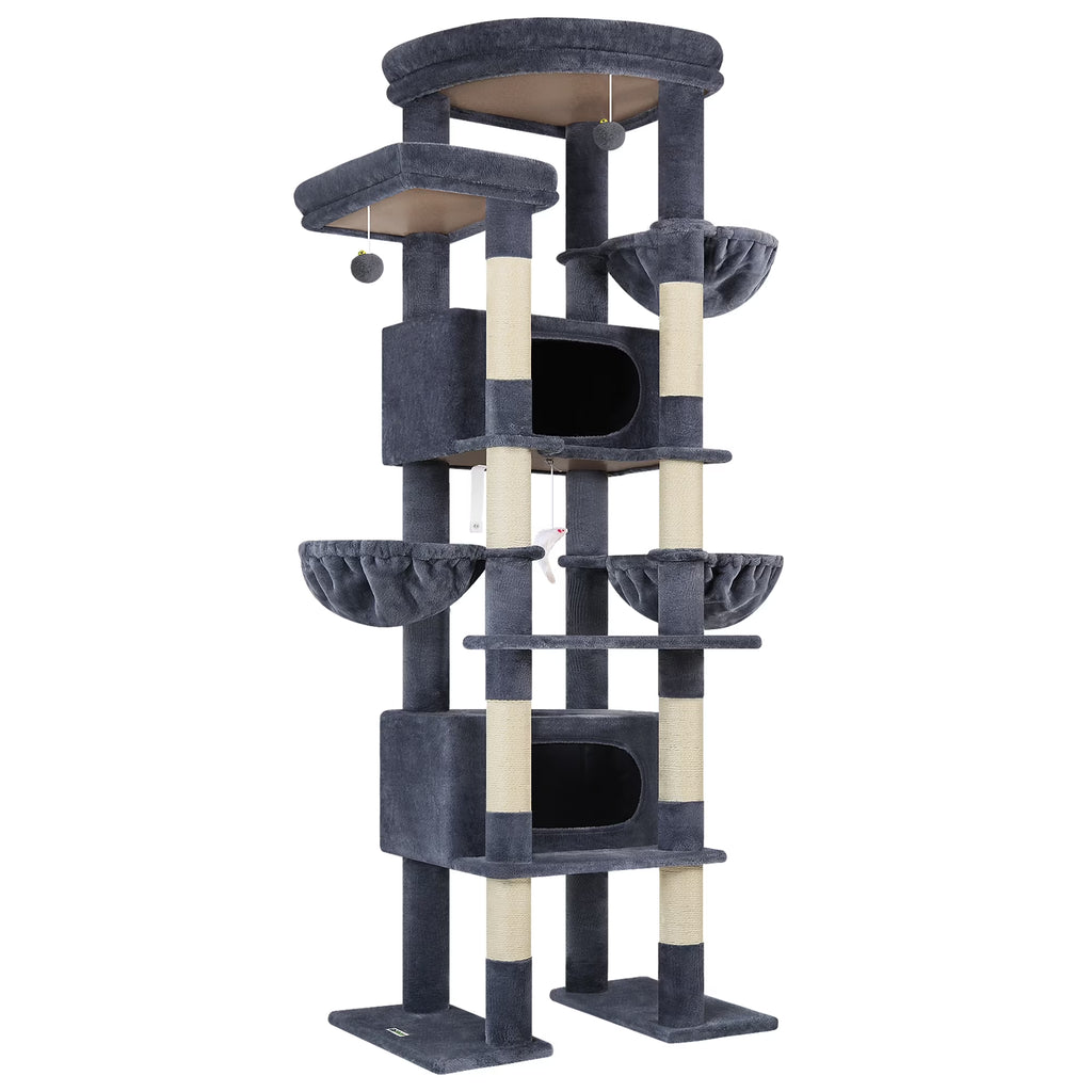 84-Inch Multilevel Corner Cat Tree Tower for Indoor Cats with Dual Condos, Three Hanging Baskets, and Eight Scratching Posts in Dark Gray
