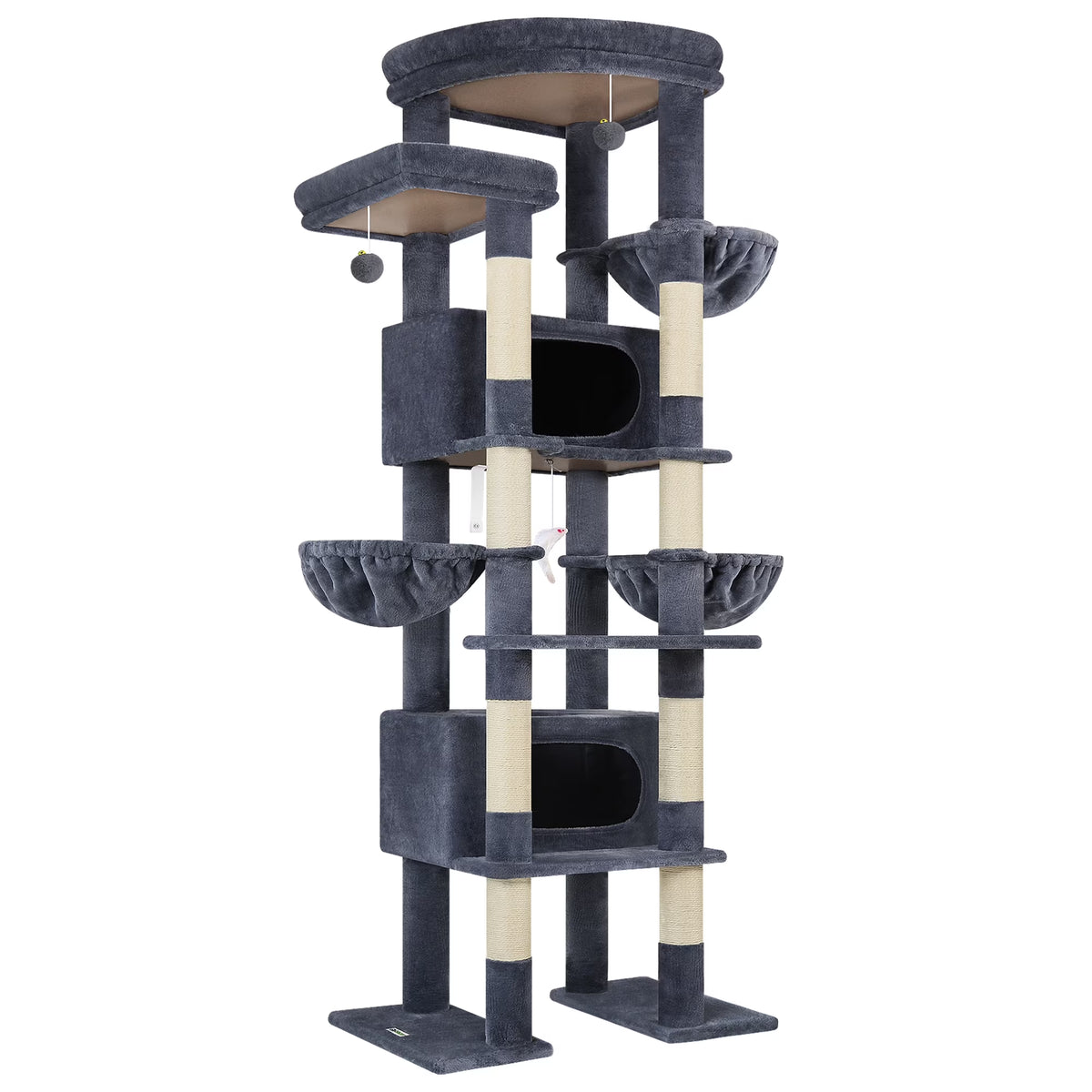 84-Inch Multilevel Corner Cat Tree Tower for Indoor Cats with Dual Condos, Three Hanging Baskets, and Eight Scratching Posts in Dark Gray