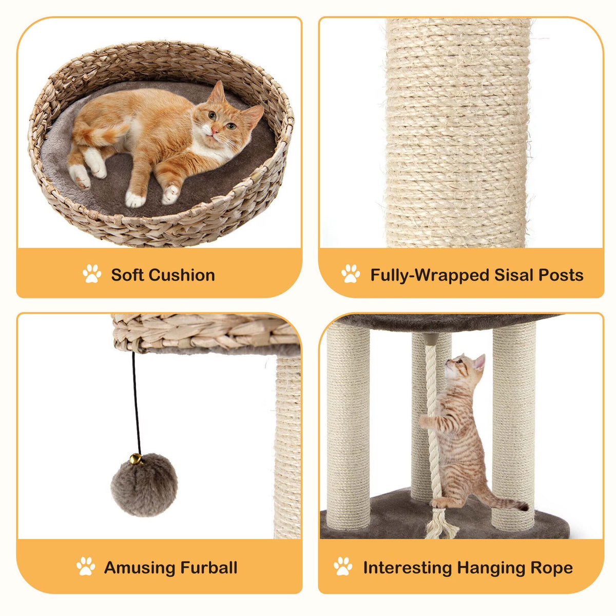 41-Inch Artisan Cat Tree Tower with Natural Bowl Design and Two Perches